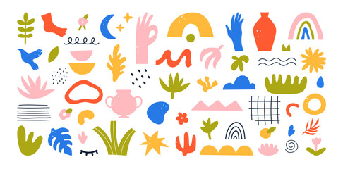 Abstract doodle objects set vector illustration. Cartoon isolated colorful geometric shapes and textures, flowers and plants, ancient pottery and bird, minimal trendy nature art and decoration