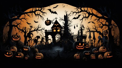 Spooky Halloween Backdrop Wallpaper. Digital Illustration. Generative AI.