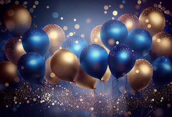 Poster - Blue and gold balloons with golden confetti on blue bokeh background