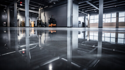 Wall Mural - The worker applies gray epoxy resin to the new floor