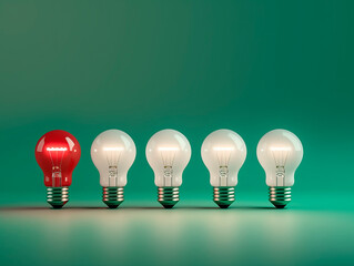 Wall Mural - A row of 5 white light bulbs, capturing attention with one distinct bulb glowing in red. Symbolic of the significance of differentiation and the power of choice. The concept of Idea. AI generative.