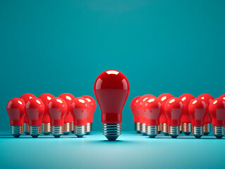 Poster - Many red light bulbs, capturing attention with one distinct huge bulb in the middle. Symbolic power of choice. The concept of Idea and Leadership. AI generative.