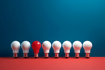 Poster - A row of many white light bulbs, capturing attention with one distinct bulb glowing in red. Symbolic of the significance of differentiation and the power of choice. The concept of Idea. AI generative.