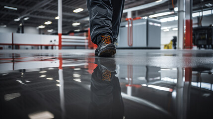 Sticker - The worker applies gray epoxy resin to the new floor