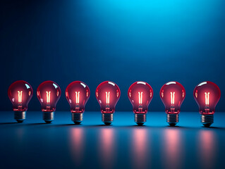 Poster - A row of glowing red light bulbs, capturing attention with symbolic power of choice. The concept of Idea. AI generative.
