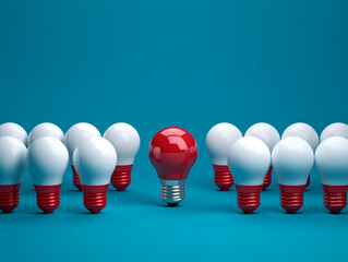 Poster - A row of many white light bulbs, capturing attention with one distinct bulb glowing in red. Symbolic of the significance of differentiation and the power of choice. The concept of Idea. AI generative.