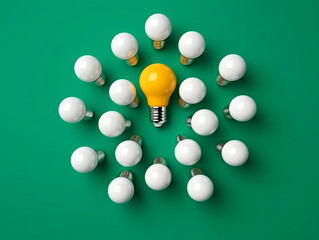 Poster - Many white light bulbs, capturing attention with one distinct bulb glowing in yellow. Symbolic of the significance of differentiation and the power of choice. The concept of Idea. AI generative.