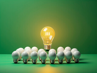 Poster - Many white light bulbs, capturing attention with one distinct bulb glowing in yellow. Symbolic of the significance of differentiation and the power of choice. The concept of Idea. AI generative.