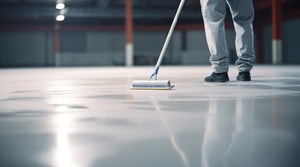 Sticker - The worker applies gray epoxy resin to the new floor