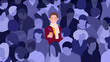 Happy man in crowd, optimism, psychology and mental health concept vector illustration. Cartoon isolated male character with optimistic thoughts and good mood standing among faceless shadow people
