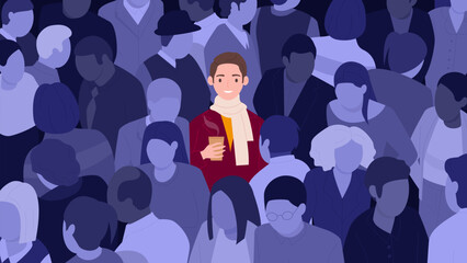 Happy man in crowd, optimism, psychology and mental health concept vector illustration. Cartoon isolated male character with optimistic thoughts and good mood standing among faceless shadow people