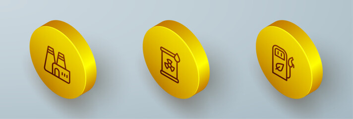 Sticker - Set Isometric line Factory production, Radioactive waste in barrel and Petrol gas station icon. Vector