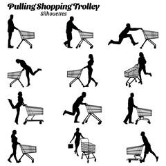 Set of silhouette vector illustrations of people pushing shopping carts