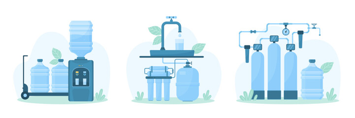 Water purification and delivery set vector illustration. Cartoon filtration facility and pressure pipeline, filters under faucet in home kitchen or bathroom, portable plastic bottles for office cooler