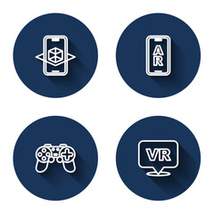 Set line 3d modeling, Augmented reality AR, Gamepad and Virtual with long shadow. Blue circle button. Vector