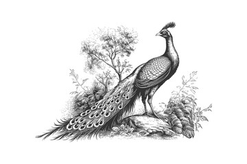 Peacock sketch hand drawn in engraving style. Vector illustration desing.