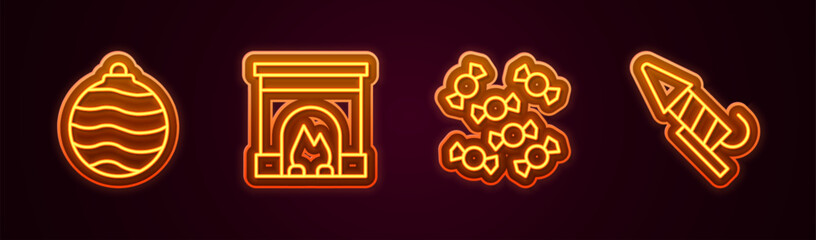 Sticker - Set line Christmas ball, Interior fireplace, Candy and Firework rocket. Glowing neon icon. Vector