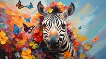 Zebra With Fairytale Fantasy In Fairy And Dreamy Forest Colorful Butterflies And Flowers Background. Kids And Baby Children Illustration Fairytale Color Book. Generative AI