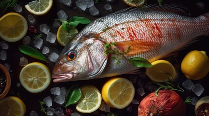 Top view of Fresh snapper preparation with lemon and vegetables on ice. Snapper fish. Generative Ai