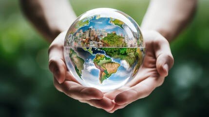 human hand holding small globe on green natural background, eco concept