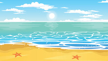 Tropical Blue Sea And A Sand Beach With Mountain On Horizon, Vector Background.