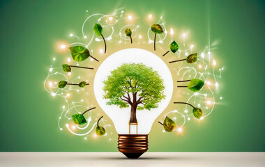 Wall Mural - a light bulb inside which is growing a tree and connected to various environmental icons, in the style of light green and dark brown, eco concept