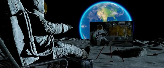Wall Mural - lunar astronaut drinking beer while sitting in a lounge chair on the surface of the moon watching tv