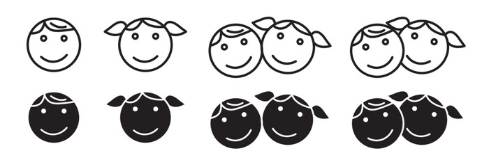 kids icon set. boy, girl, and twins happy children's face vector pictogram in filled and outline. child face icons. suitable for mobile app, and website UI design.