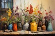 colorful pallet knife painting of beautiful mixed flowers in pots standing on a wooden table, generated by AI