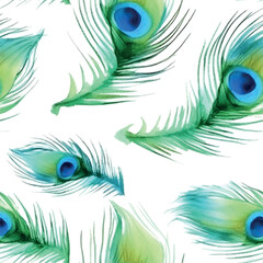 Wall Mural - Beautiful pattern art illustration with colorful peacock feathers watercolor blue background.