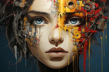 Wall Mural - A painting of a woman with gears on her face. Generative AI.
