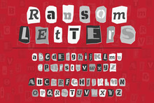 Gray Ransom Collage Style Letters Numbers And Punctuation Marks Cut From Newspapers And Magazines. Vintage ABC Collection. Red, White And Black Punk Alphabet Typography Vector Illustration
