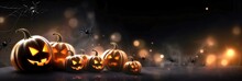 Halloween Banner With Pumpkins On Dark Background