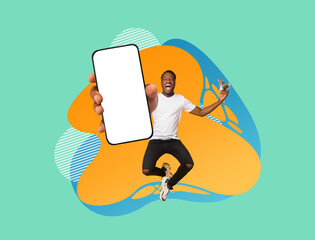 Poster - Big Profit. Overjoyed Black Man Holding Dollar Cash Money And Blank Smartphone