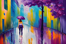 Girl Wearing A Purple Crop Top Is Walking Through A Back Alley In The City On A Rainy Day. A Purple Tree,Generative AI.
