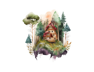 Half-timbered house in forest thickets watercolor. Vector illustration desing.