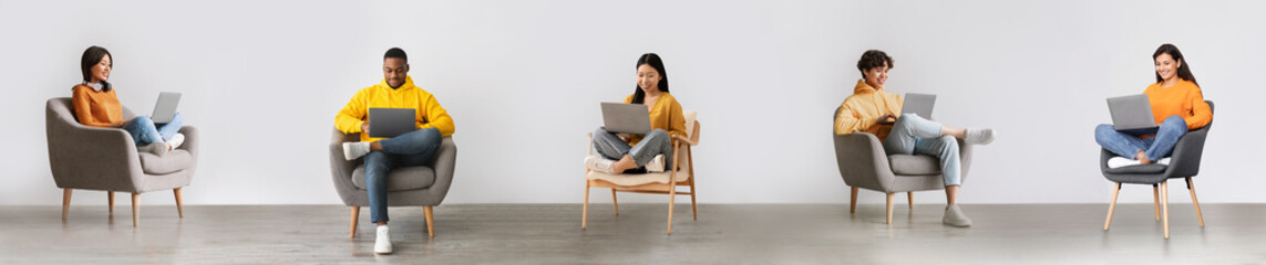 Wall Mural - Collage With Multiethnic Freelancers Posing With Computers In Armchairs Indoors