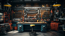 Automotive Repair Shop With Mechanical Tools Hanging On The Wall