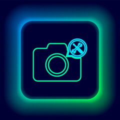 Wall Mural - Glowing neon line Photo camera with screwdriver and wrench icon isolated on black background. Adjusting, service, setting, maintenance, repair, fixing. Colorful outline concept. Vector