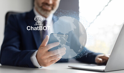 Aufkleber - Middle aged businessman wearing working on laptop, smartphone, using chatbot