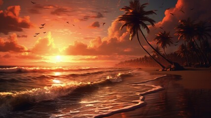 Wall Mural - Illustration of a stunning sunset over the beach, created with Generative Ai Technology