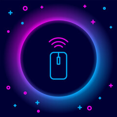 Poster - Glowing neon line Wireless computer mouse system icon isolated on black background. Internet of things concept with wireless connection. Colorful outline concept. Vector