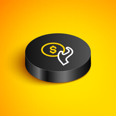 Sticker - Isometric line Donation and charity icon isolated on yellow background. Donate money and charity concept. Black circle button. Vector