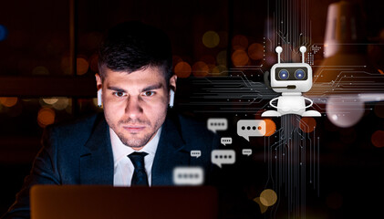 Aufkleber - Concentrated IT manager using online assistant help while working