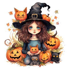 Canvas Print - halloween witch with pumpkin