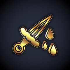 Sticker - Gold Sword with blood icon isolated on black background. Medieval weapons knight and soldier. Symbol of murder. Vector