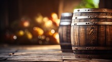 Beer Barrel Wooden Container With Bokeh Light, Generative Ai	