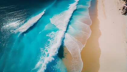 Wall Mural - A relaxing aerial beach scene serves as the banner for the summer holiday. Amazingly blue ocean waves, the seashore, and the coastline. Ai generated image