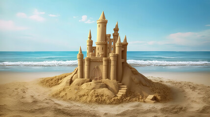 Sticker - Sand castle on the beach at the sea, summer travel vacation concept. Generative Ai