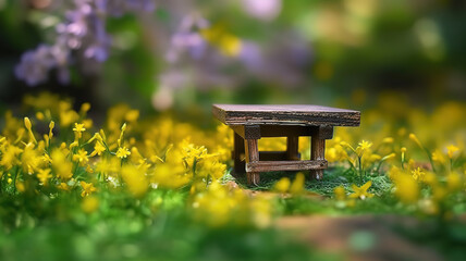 Old wooden stool in the grass. Generative Ai